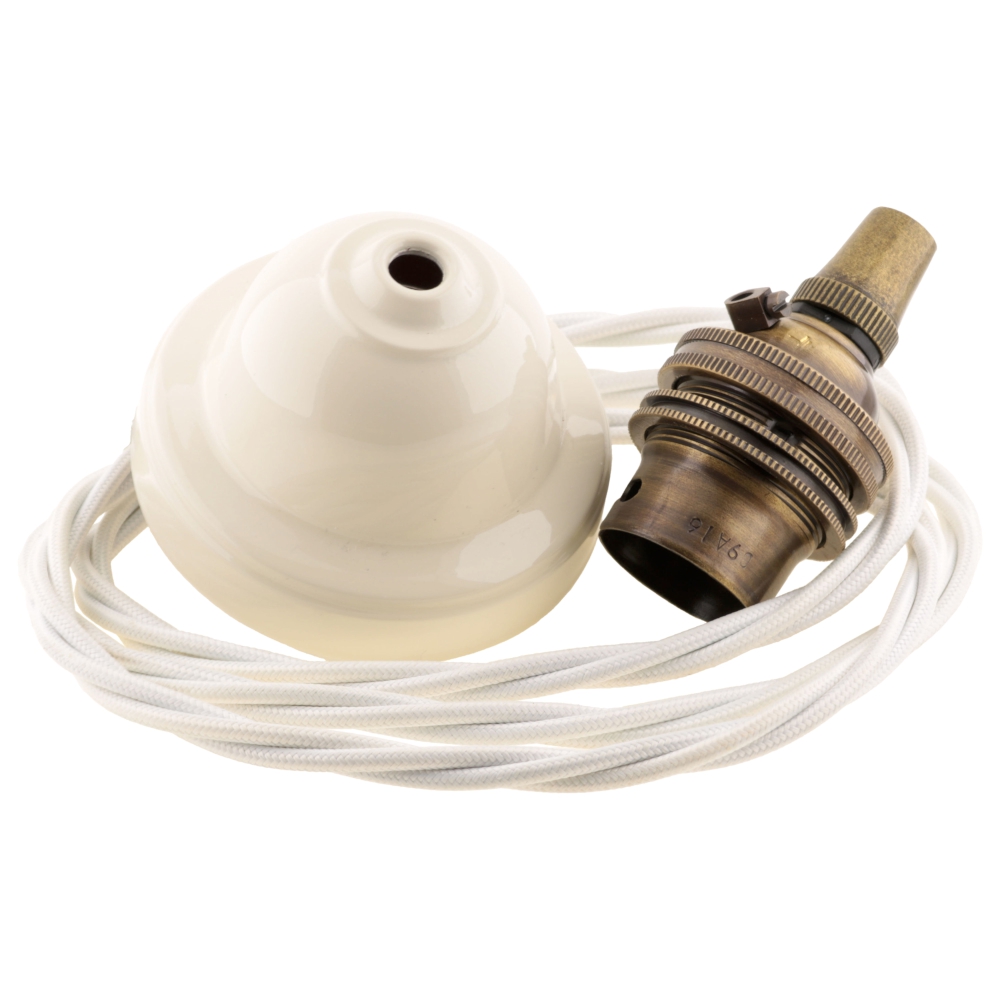 Reproduction Ceiling Pendant Kit Inc. Bakelite Rose With Applied Ivory Finish, Antiqued Brass Bulb Holder And Three Core Braided Twisted Flex(PK-1IVY-xxx-BRM0ATB) by www.art-deco-emporium.co.uk