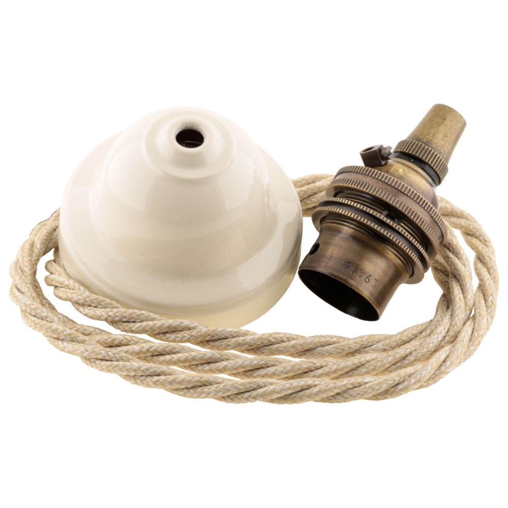 Reproduction Ceiling Pendant Kit Inc. Bakelite Rose With Applied Ivory Finish, Antiqued Brass Bulb Holder And Three Core Braided Twisted Flex(PK-1IVY-xxx-BRM0ATB) by www.art-deco-emporium.co.uk