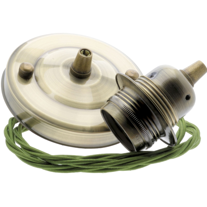 E27 New Antiqued Brass Effect Pendant Kit With Green Braided Flex
