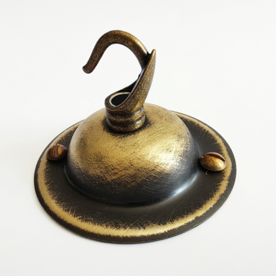 Solid Brass Ceiling Rose with Deco Style Hook in Hand-Antiqued Finish