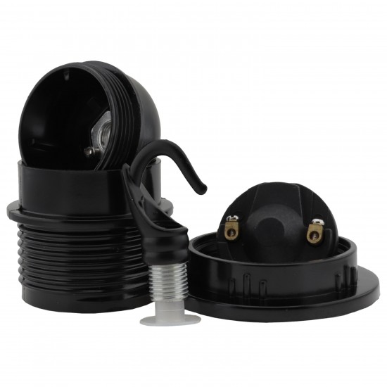 Lampholder E27 Black Bakelite with Shade Ring and Metal Hook