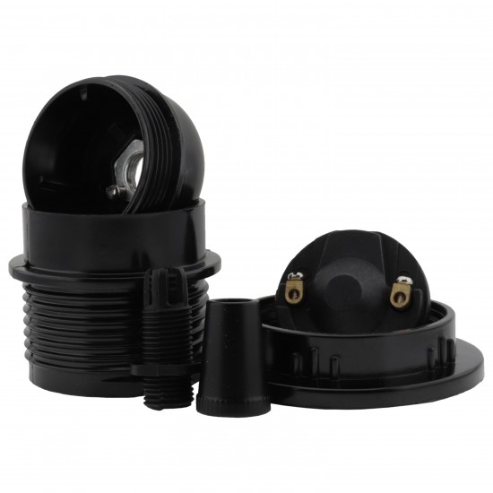 Lampholder E27 Black Bakelite with Shade Ring and Metal Cord Grip