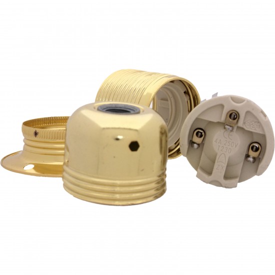 Lampholder E27 Polished Brass Finish with Shade Ring and Nylon Cord Grip