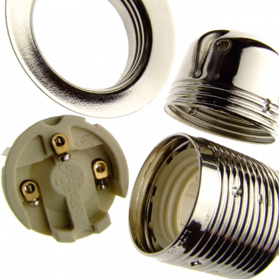 Lampholder E27 Silver Nickel Finish with Shade Ring and Metal Cord Grip Lampholder E27 Silver Nickel Finish with Shade Ring and Metal Cord Grip