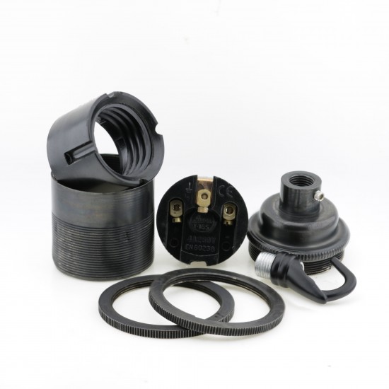 Traditional Edison Screw Bulb Holder (E27) with 2 Shade Rings and Metal Deco Styled Hook in Gunmetal Finish
