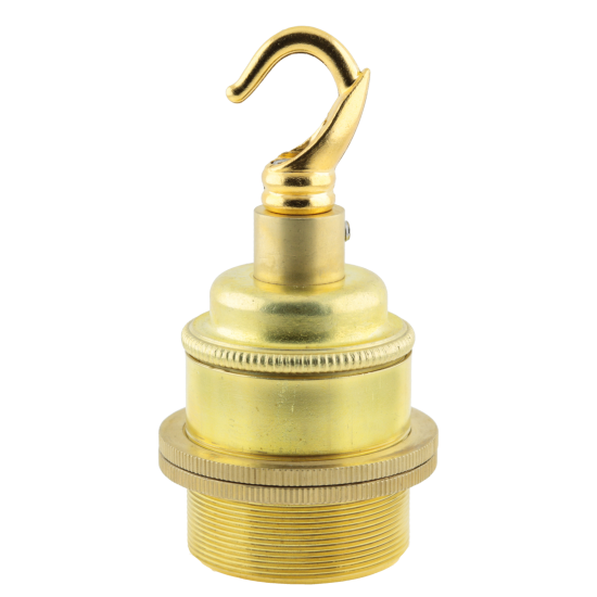 Traditional Edison Screw Bulb Holder (E27) with 2 Shade Rings and Metal Deco Styled Hook in Raw Brass Finish