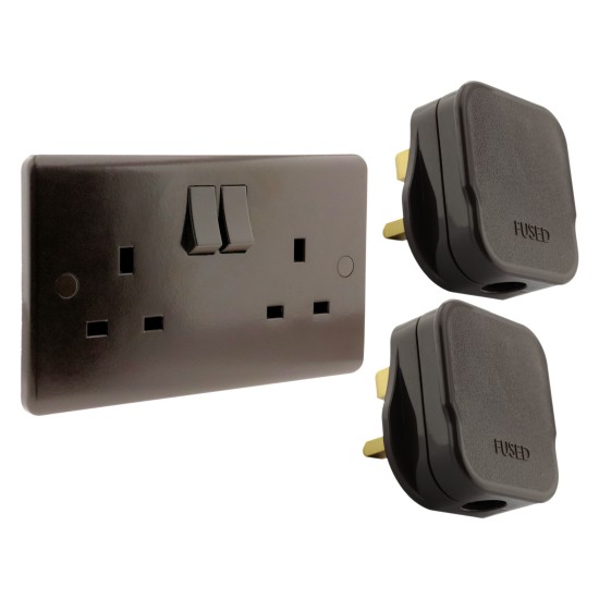 Dark Brown Switched Double Plug Socket - with 2 FREE Brown Plugs