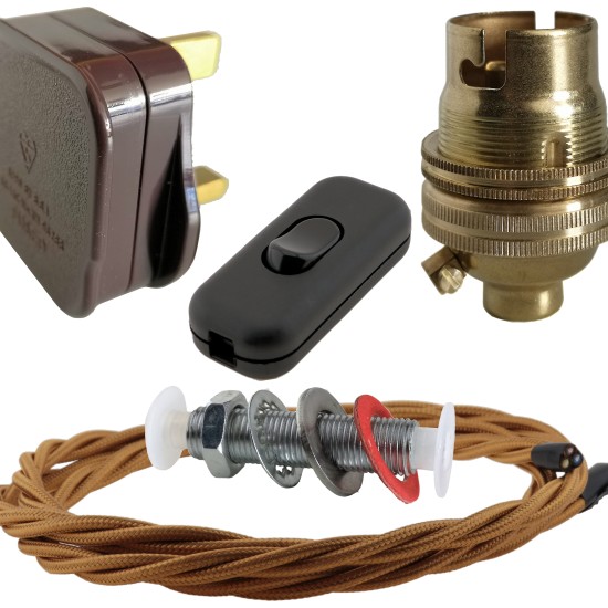 Lamp Repair and Service Kit | Brown Plug | Antique Gold Flex | Black Switch | B22 Brass Lamp Holder Lamp Repair and Service Kit | Brown Plug | Antique Gold Flex | Black Switch | B22 Brass Lamp Holder
