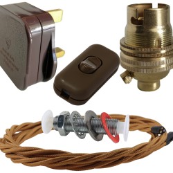 Lamp Repair and Service Kit | Brown Plug | Antique Gold Flex | Brown Switch | B22 Brass Lamp Holder