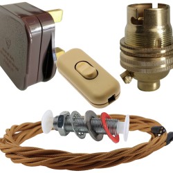 Lamp Repair and Service Kit | Brown Plug | Antique Gold Flex | Gold Switch | B22 Brass Lamp Holder