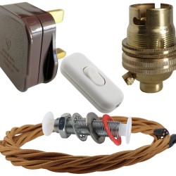 Lamp Repair and Service Kit | Brown Plug | Antique Gold Flex | White Switch | B22 Brass Lamp Holder