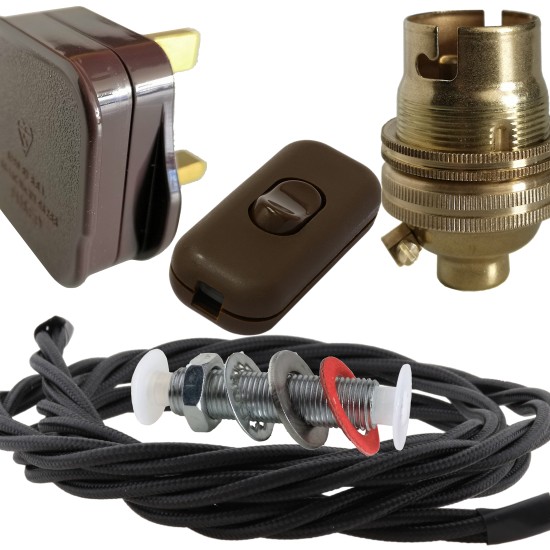 Lamp Repair and Service Kit | Brown Plug | Black Flex | Brown Switch | B22 Brass Lamp Holder Lamp Repair and Service Kit | Brown Plug | Black Flex | Brown Switch | B22 Brass Lamp Holder