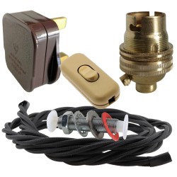 Lamp Repair and Service Kit | Brown Plug | Black Flex | Gold Switch | B22 Brass Lamp Holder Lamp Repair and Service Kit | Brown Plug | Black Flex | Gold Switch | B22 Brass Lamp Holder