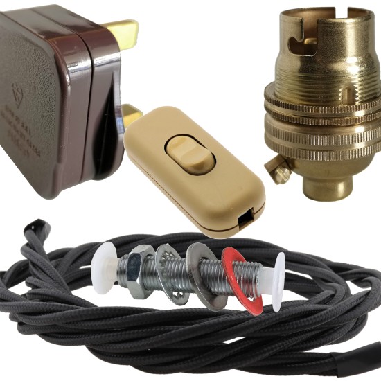 Lamp Repair and Service Kit | Brown Plug | Black Flex | Gold Switch | B22 Brass Lamp Holder Lamp Repair and Service Kit | Brown Plug | Black Flex | Gold Switch | B22 Brass Lamp Holder