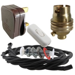 Lamp Repair and Service Kit | Brown Plug | Black Flex | White Switch | B22 Brass Lamp Holder