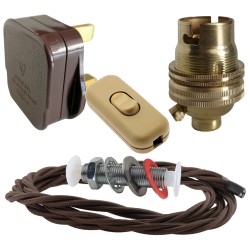 Lamp Repair and Service Kit | Brown Plug | Brown Flex | Gold Switch | B22 Brass Lamp Holder