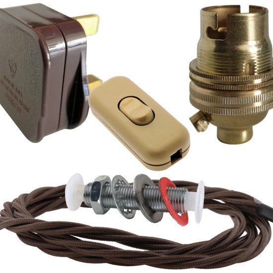 Lamp Repair and Service Kit | Brown Plug | Brown Flex | Gold Switch | B22 Brass Lamp Holder Lamp Repair and Service Kit | Brown Plug | Brown Flex | Gold Switch | B22 Brass Lamp Holder