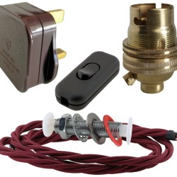 Lamp Repair and Service Kit | Brown Plug | Burgundy Flex | Black Switch | B22 Brass Lamp Holder