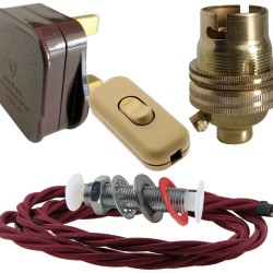 Lamp Repair and Service Kit | Brown Plug | Burgundy Flex | Gold Switch | B22 Brass Lamp Holder