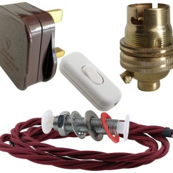 Lamp Repair and Service Kit | Brown Plug | Burgundy Flex | White Switch | B22 Brass Lamp Holder