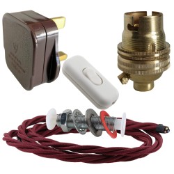 Lamp Repair and Service Kit | Brown Plug | Burgundy Flex | White Switch | B22 Brass Lamp Holder