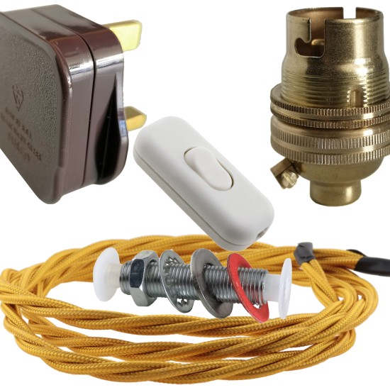 Lamp Repair and Service Kit | Brown Plug | Gold Flex | White Switch | B22 Brass Lamp Holder Lamp Repair and Service Kit | Brown Plug | Gold Flex | White Switch | B22 Brass Lamp Holder