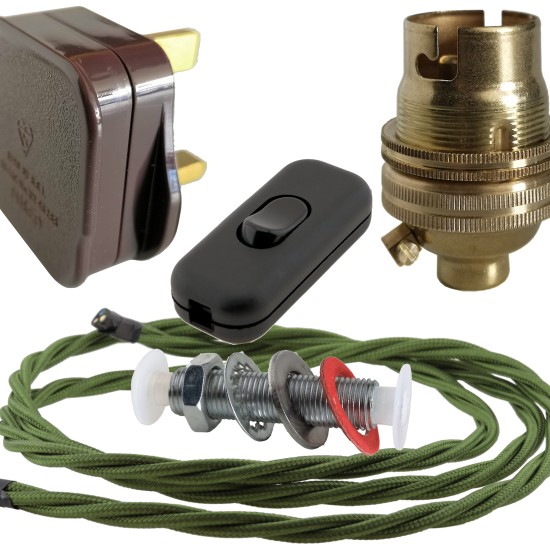 Lamp Repair and Service Kit | Brown Plug | Green Flex | Black Switch | B22 Brass Lamp Holder Lamp Repair and Service Kit | Brown Plug | Green Flex | Black Switch | B22 Brass Lamp Holder