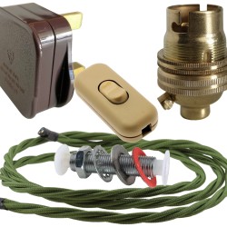Lamp Repair and Service Kit | Brown Plug | Green Flex | Gold Switch | B22 Brass Lamp Holder