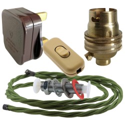 Lamp Repair and Service Kit | Brown Plug | Green Flex | Gold Switch | B22 Brass Lamp Holder