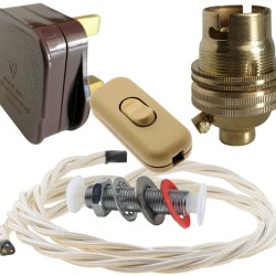 Lamp Repair and Service Kit | Brown Plug | Ivory Flex | Gold Switch | B22 Brass Lamp Holder