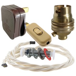 Lamp Repair and Service Kit | Brown Plug | Ivory Flex | Gold Switch | B22 Brass Lamp Holder