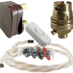 Lamp Repair and Service Kit | Brown Plug | Ivory Flex | White Switch | B22 Brass Lamp Holder