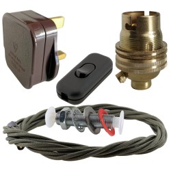Lamp Repair and Service Kit | Brown Plug | Khaki Green Flex | Black Switch | B22 Brass Lamp Holder
