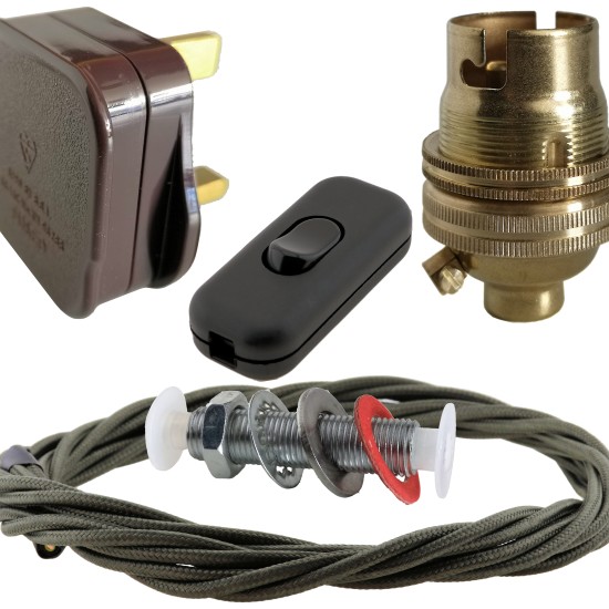 Lamp Repair and Service Kit | Brown Plug | Khaki Green Flex | Black Switch | B22 Brass Lamp Holder Lamp Repair and Service Kit | Brown Plug | Khaki Green Flex | Black Switch | B22 Brass Lamp Holder