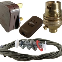 Lamp Repair and Service Kit | Brown Plug | Khaki Green Flex | Brown Switch | B22 Brass Lamp Holder