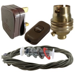 Lamp Repair and Service Kit | Brown Plug | Khaki Green Flex | Brown Switch | B22 Brass Lamp Holder