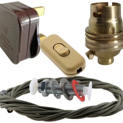 Lamp Repair and Service Kit | Brown Plug | Khaki Green Flex | Gold Switch | B22 Brass Lamp Holder