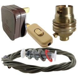 Lamp Repair and Service Kit | Brown Plug | Khaki Green Flex | Gold Switch | B22 Brass Lamp Holder