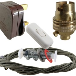 Lamp Repair and Service Kit | Brown Plug | Khaki Green Flex | White Switch | B22 Brass Lamp Holder