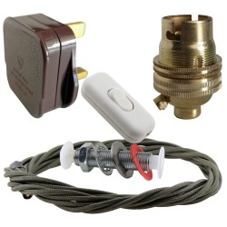 Lamp Repair and Service Kit | Brown Plug | Khaki Green Flex | White Switch | B22 Brass Lamp Holder