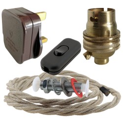 Lamp Repair and Service Kit | Brown Plug | Linen Flex | Black Switch | B22 Brass Lamp Holder