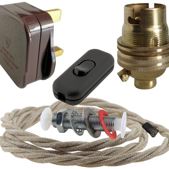 Lamp Repair and Service Kit | Brown Plug | Linen Flex | Black Switch | B22 Brass Lamp Holder