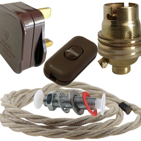 Lamp Repair and Service Kit | Brown Plug | Linen Flex | Brown Switch | B22 Brass Lamp Holder Lamp Repair and Service Kit | Brown Plug | Linen Flex | Brown Switch | B22 Brass Lamp Holder