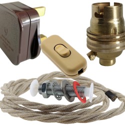 Lamp Repair and Service Kit | Brown Plug | Linen Flex | Gold Switch | B22 Brass Lamp Holder