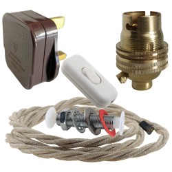 Lamp Repair and Service Kit | Brown Plug | Linen Flex | White Switch | B22 Brass Lamp Holder