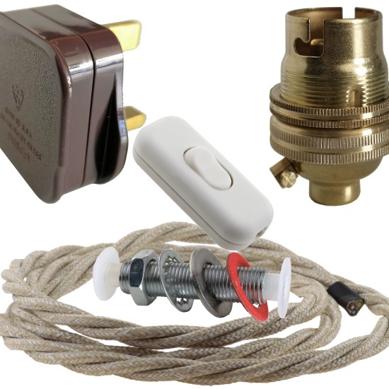 Lamp Repair and Service Kit | Brown Plug | Linen Flex | White Switch | B22 Brass Lamp Holder Lamp Repair and Service Kit | Brown Plug | Linen Flex | White Switch | B22 Brass Lamp Holder