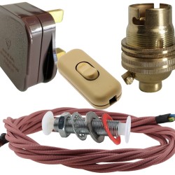 Lamp Repair and Service Kit | Brown Plug | Duskey Pink Flex | Gold Switch | B22 Brass Lamp Holder