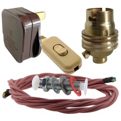 Lamp Repair and Service Kit | Brown Plug | Duskey Pink Flex | Gold Switch | B22 Brass Lamp Holder