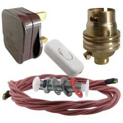 Lamp Repair and Service Kit | Brown Plug | Duskey Pink Flex | White Switch | B22 Brass Lamp Holder