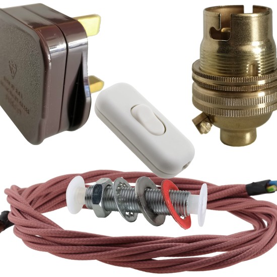 Lamp Repair and Service Kit | Brown Plug | Duskey Pink Flex | White Switch | B22 Brass Lamp Holder Lamp Repair and Service Kit | Brown Plug | Duskey Pink Flex | White Switch | B22 Brass Lamp Holder